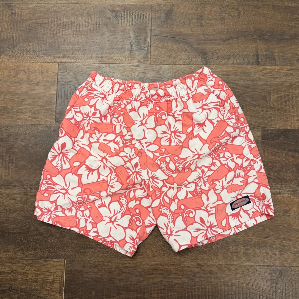 Vineyard Vines Mens Hibiscus Whale Swim Trunks Coral Pink White Size M